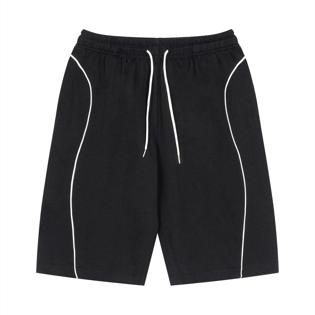 Black shorts with white piping on a white background