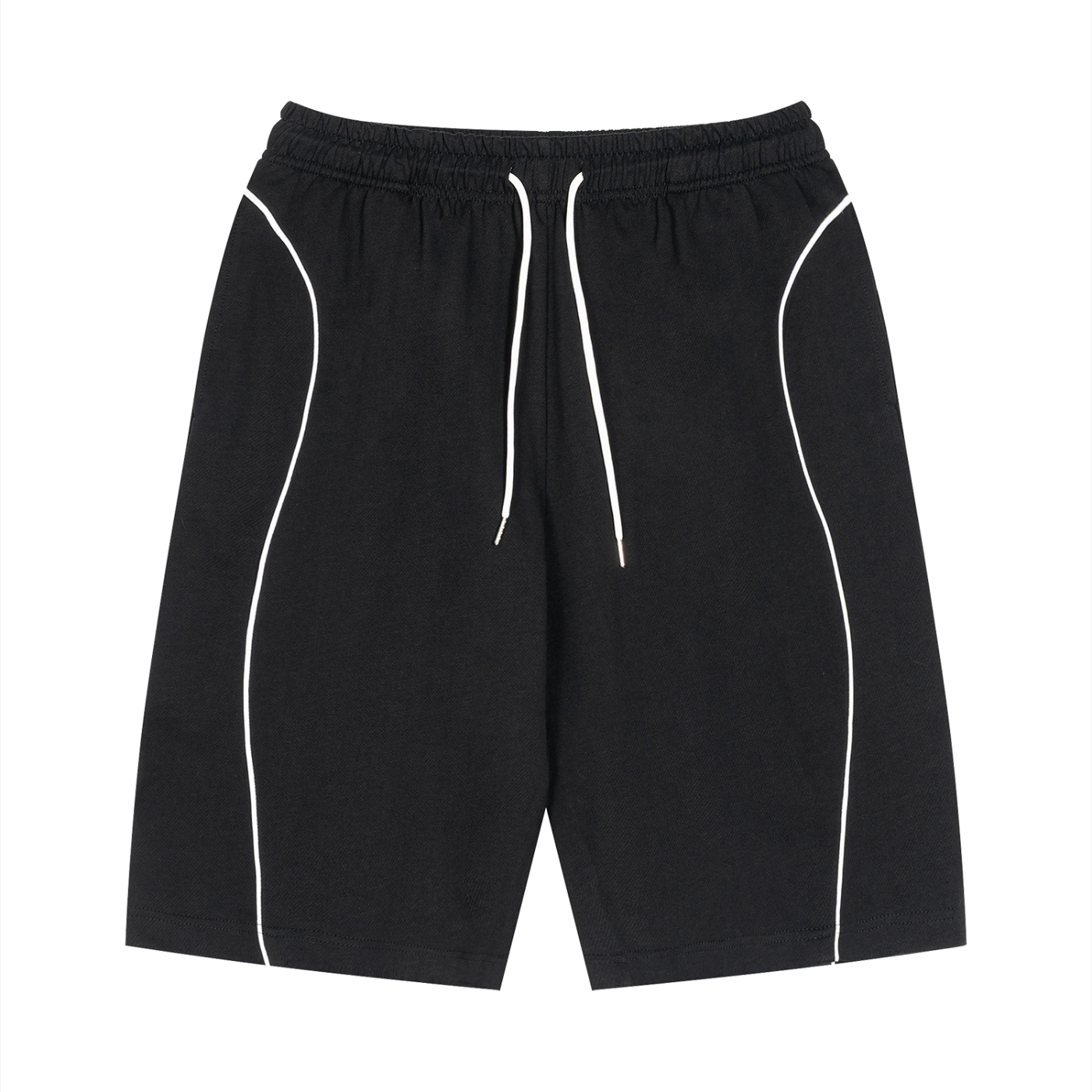Black shorts with white piping on a white background