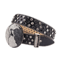 Black studded belt with a decorative buckle on a white background