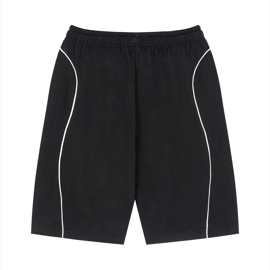 Black shorts with white piping on a white background