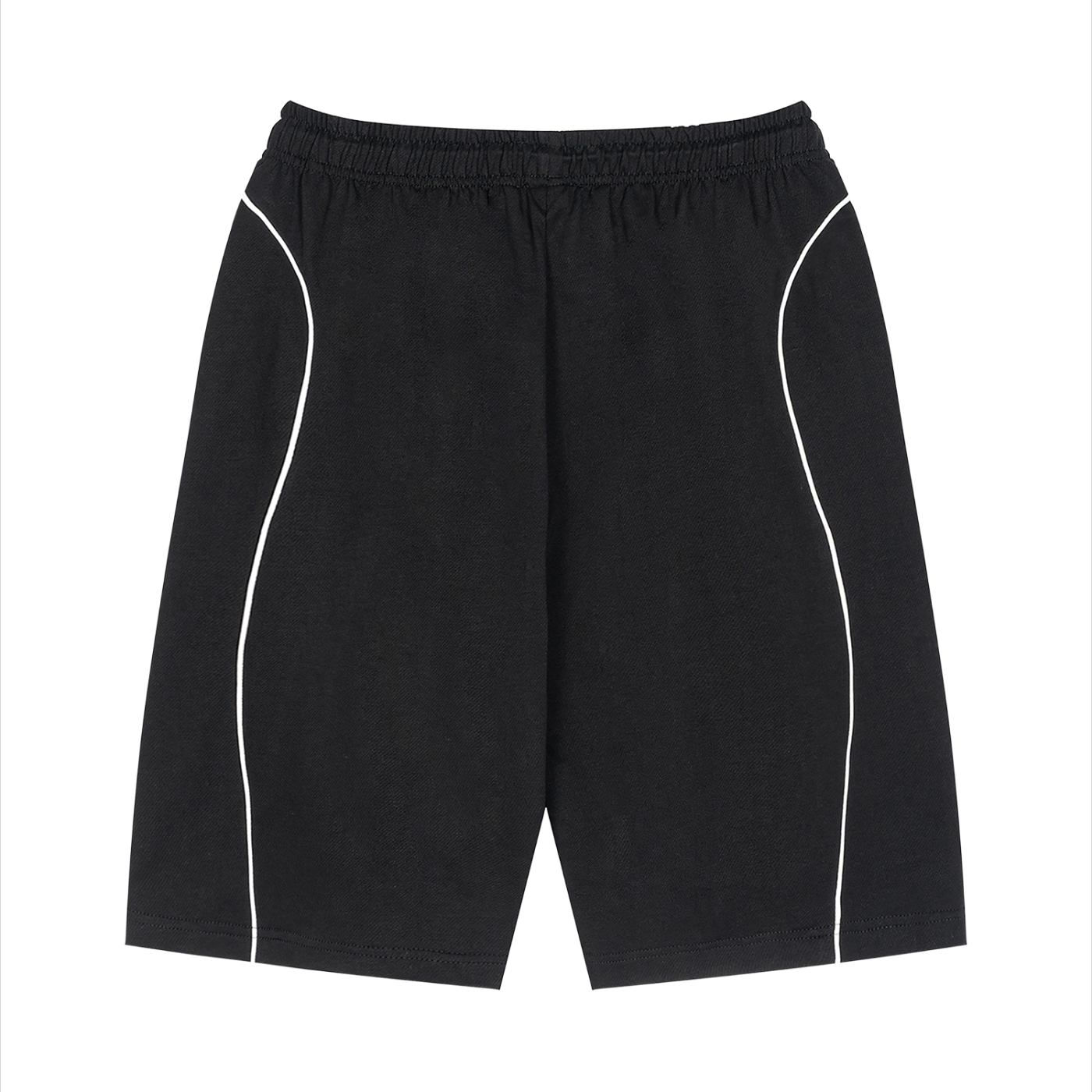 Black shorts with white piping on a white background
