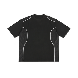 Black t-shirt with white accents and logo on a white background