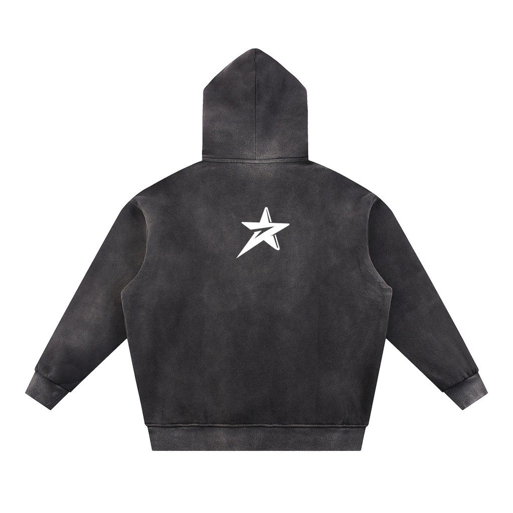 Black hoodie with a white star on the back against a white background