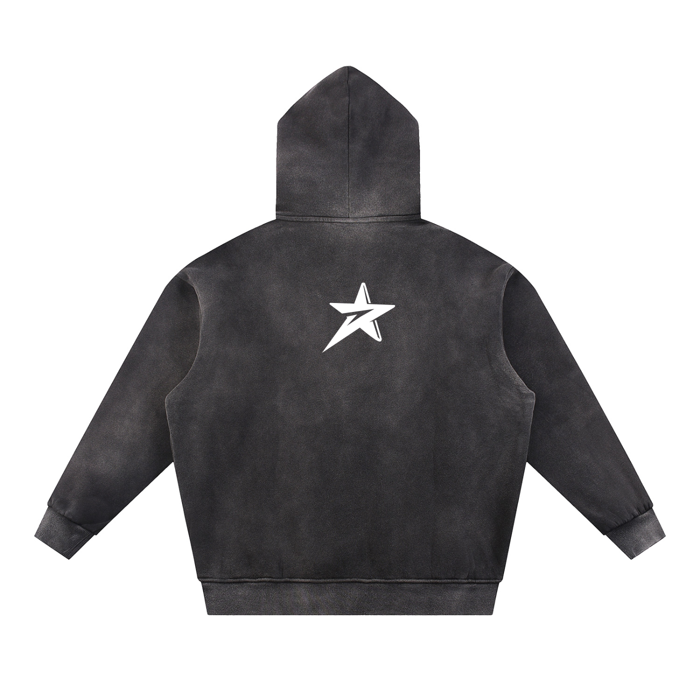 Black hoodie with a white star on the back against a white background