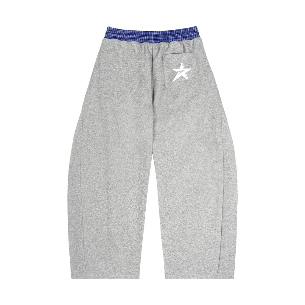 Gray sweatpants with blue waistband on a white background
