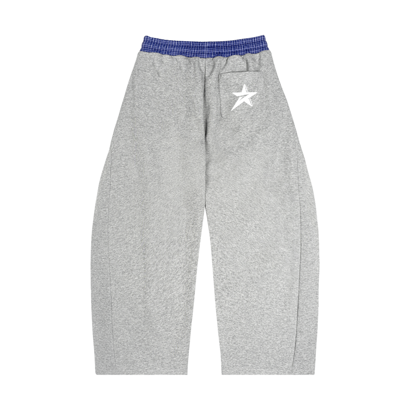 Gray sweatpants with blue waistband on a white background