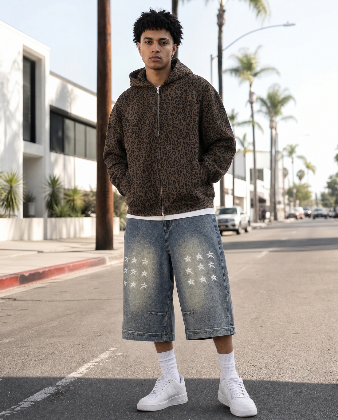 Leopard Print Waffle Full Zip Hoodie