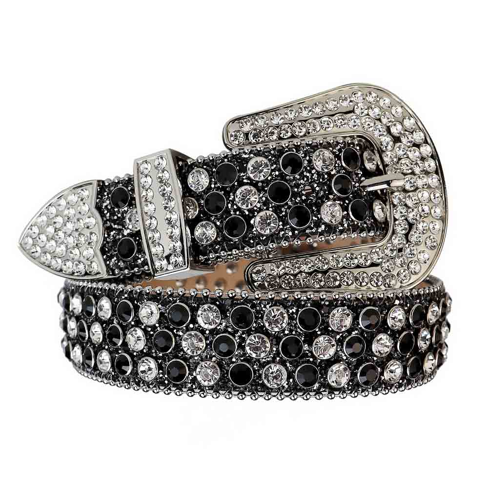Decorative belt with black and silver rhinestone design on a white background