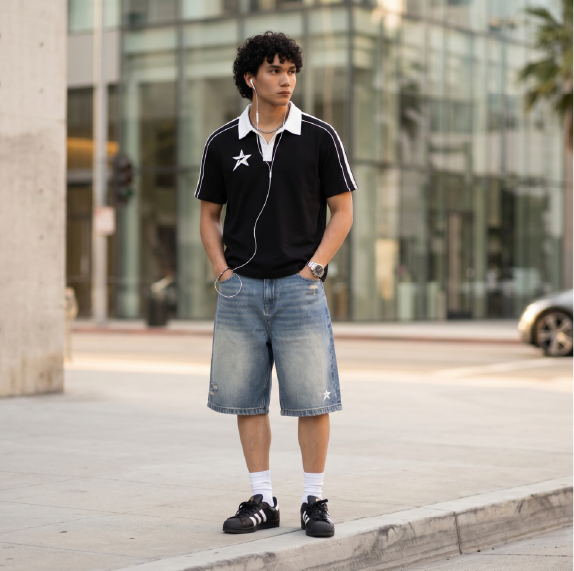 Person wearing a black polo shirt with white accents and denim shorts standing on a sidewalk.