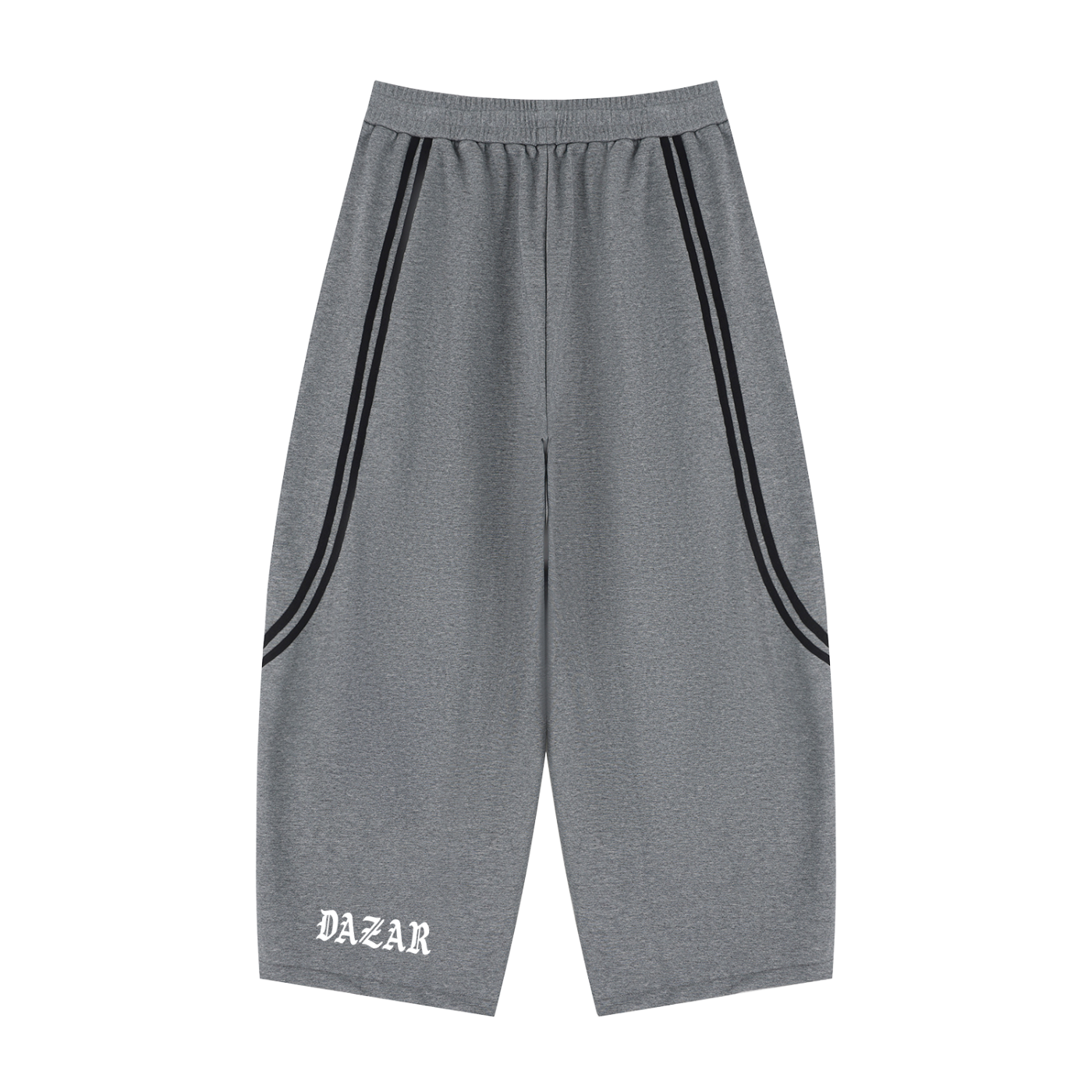 Gray sweatpants with black stripes and 'DAZAK' branding on a white background