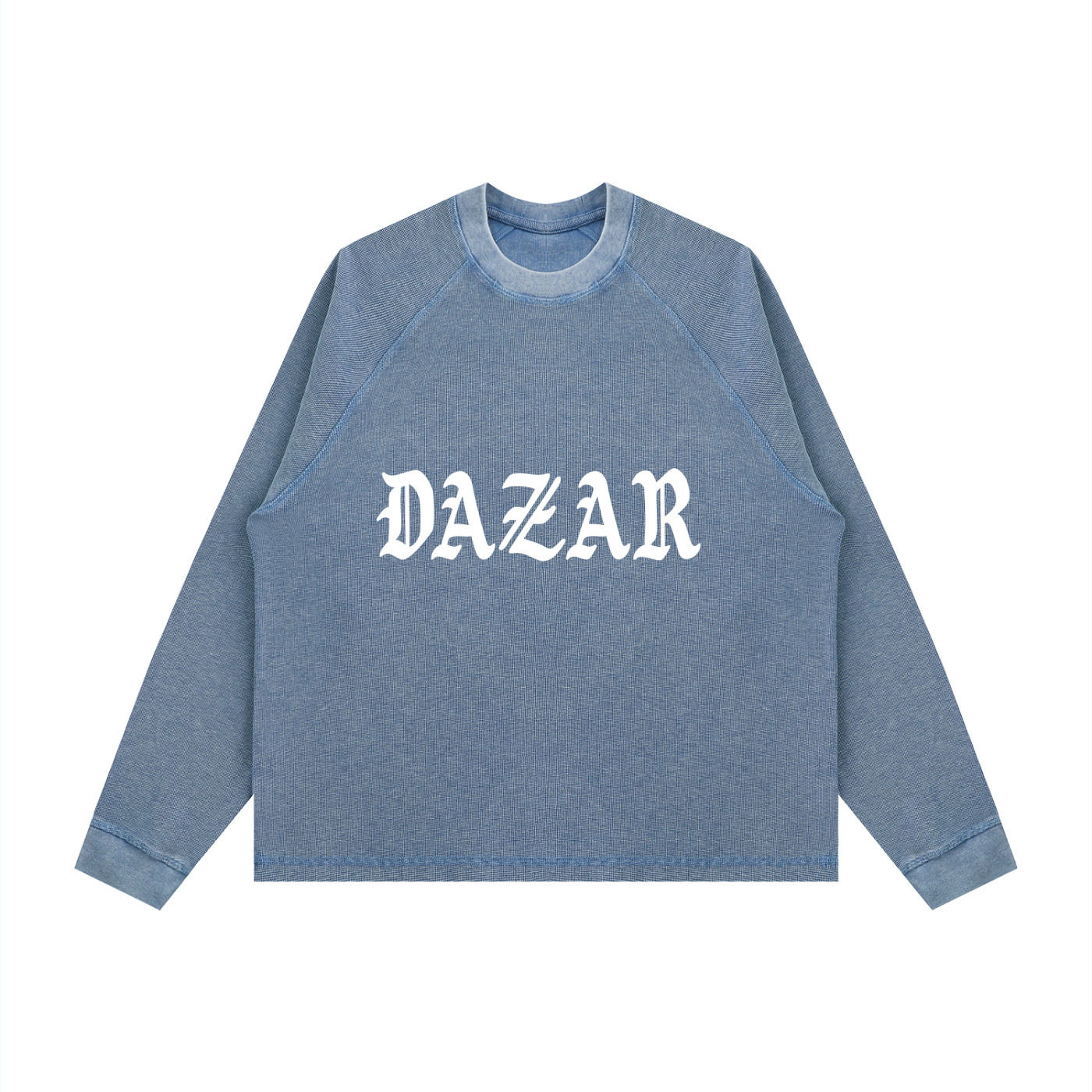 Blue sweatshirt with 'DAZAR' text on a white background