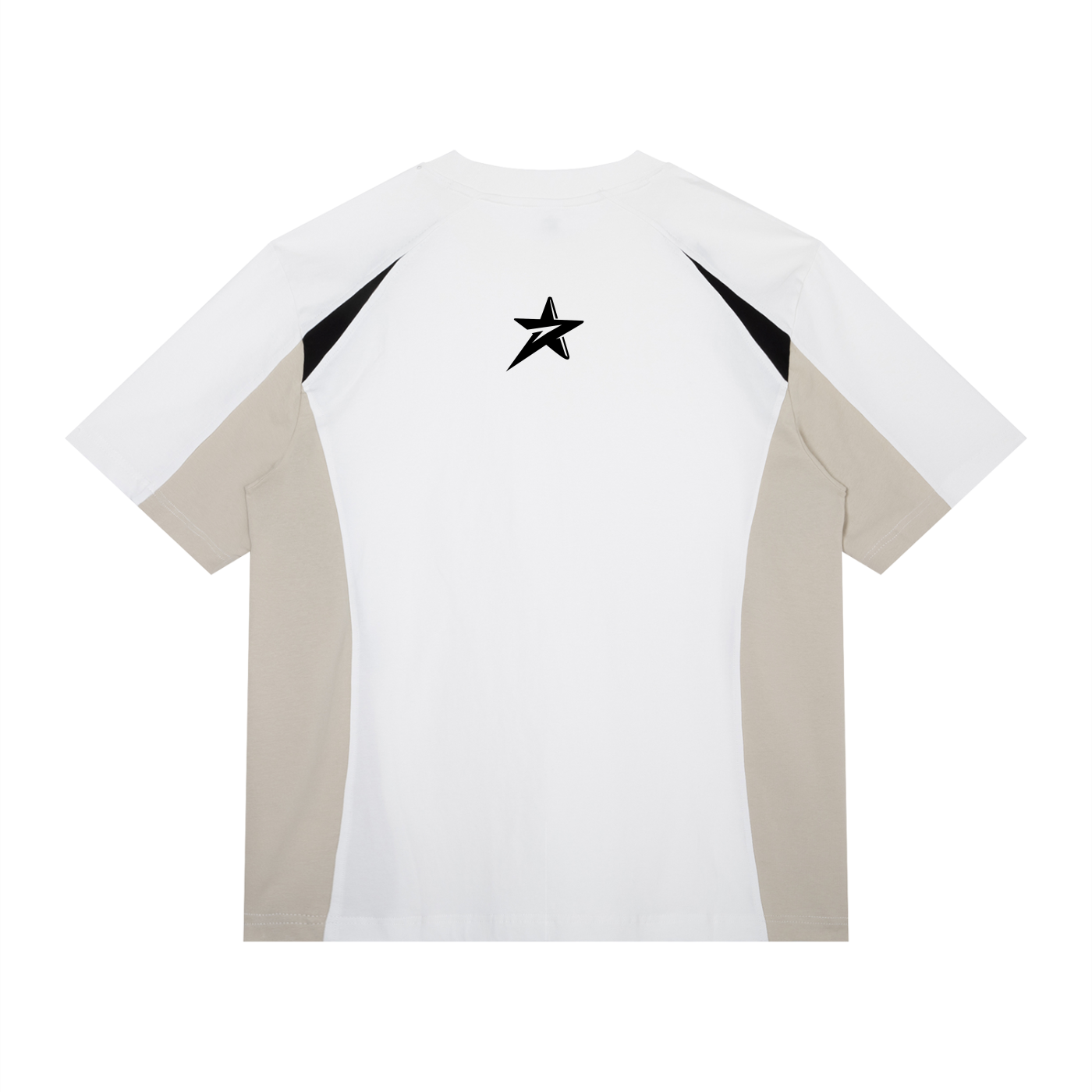White t-shirt with beige sleeves and a black star logo on a white background
