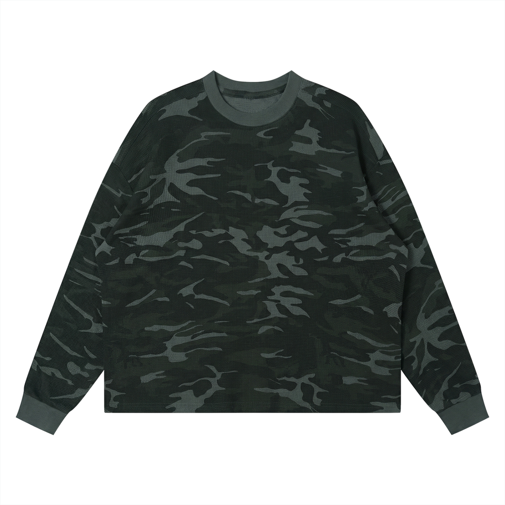 Black camouflage long-sleeve shirt on a white background