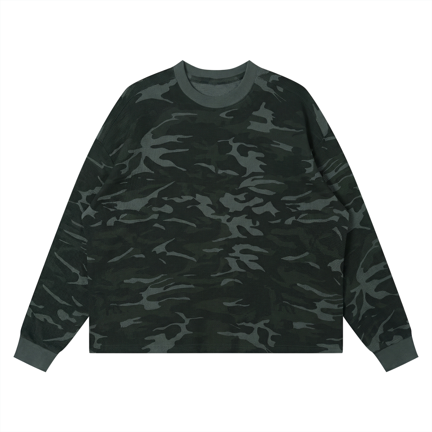 Black camouflage long-sleeve shirt on a white background