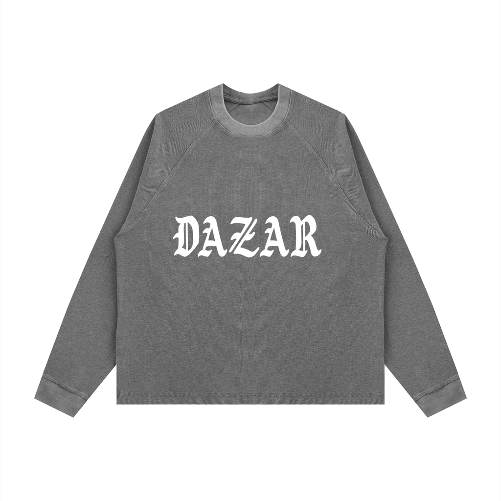 Gray sweatshirt with 'DAZAR' text on a white background