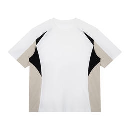 White t-shirt with black and beige geometric design on a white background