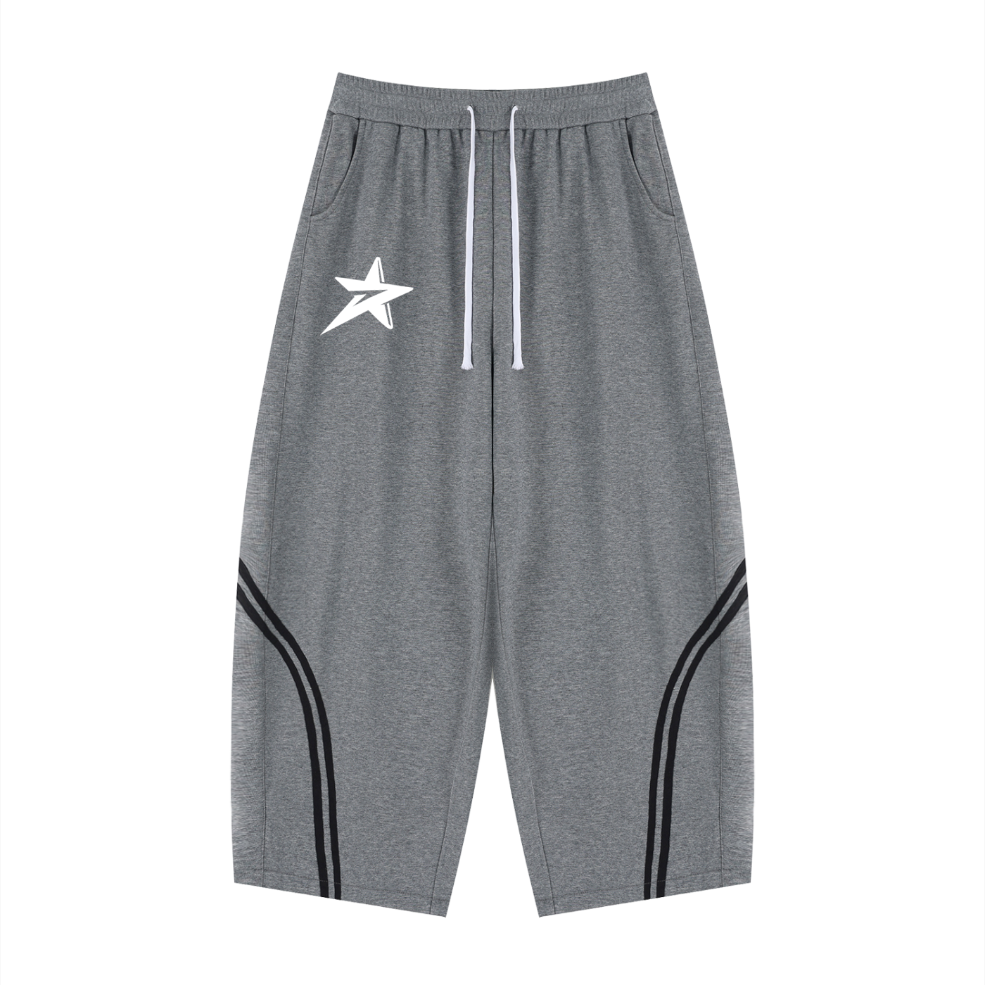 Gray sweatpants with a star logo on a white background