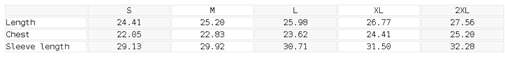 Measurement chart for clothing sizes S to 2XL with dimensions listed.