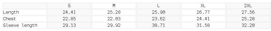 Measurement chart for clothing sizes S to 2XL with dimensions listed.